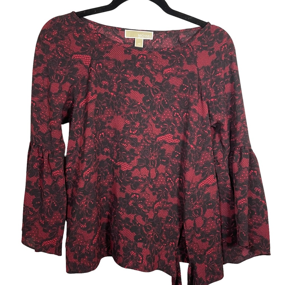 Michael By Michael Kors Lace Pattern Red Top With Bell Sleeve Accents Si…